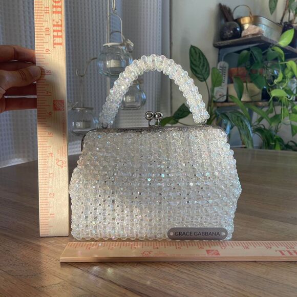 Handmade Acrylic Beaded Top Handle Purse Kiss Lock Closure Sparkly Evening Bag - Picture 7 of 8